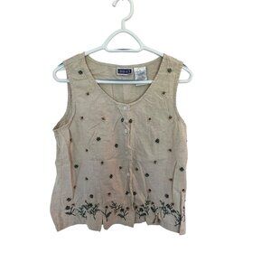 Erika and Company Beige Embroidered Floral Button Down Sleeveless Top SZ M